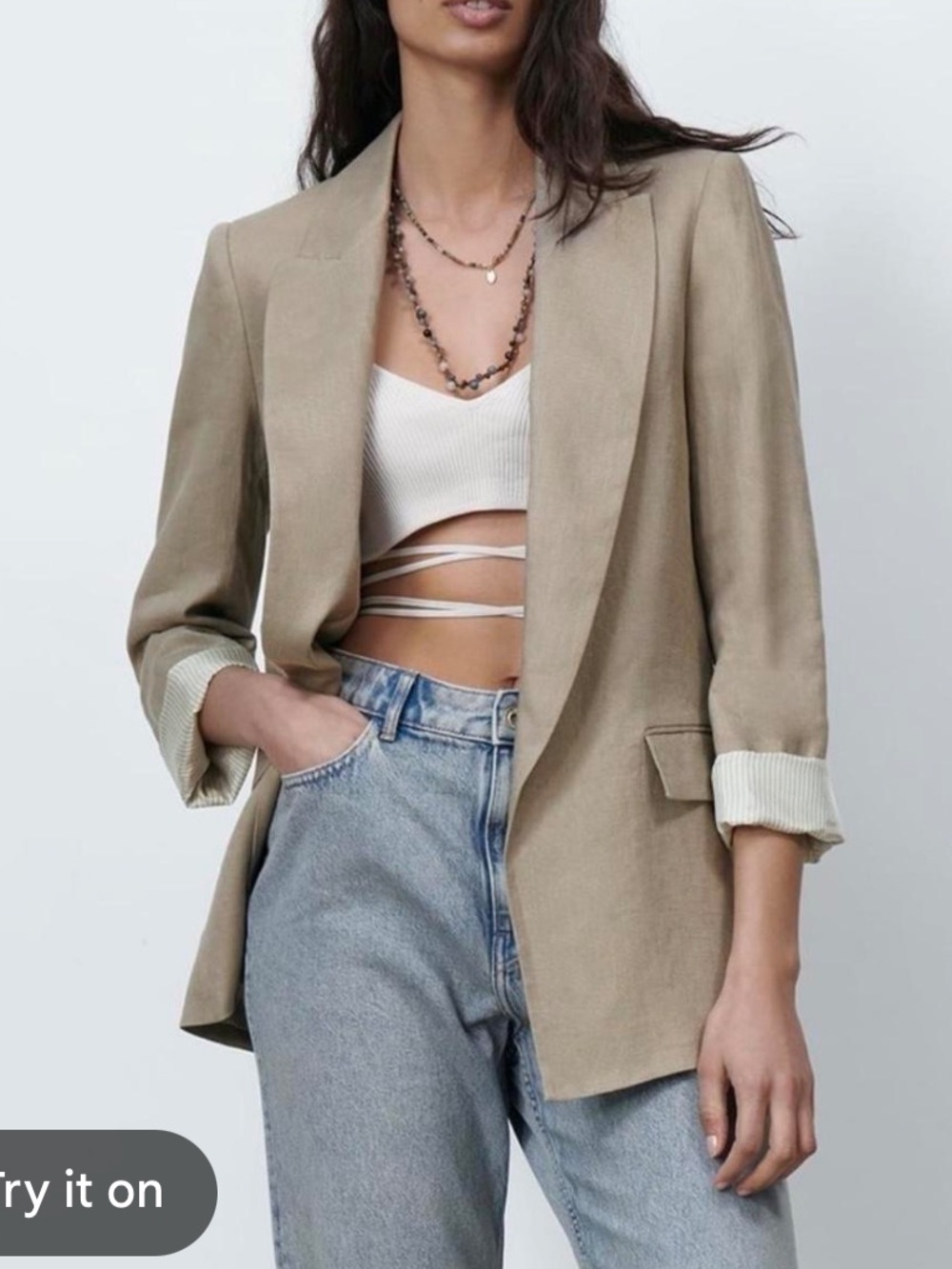 Zara Beige Relaxed Single-Button Blazer